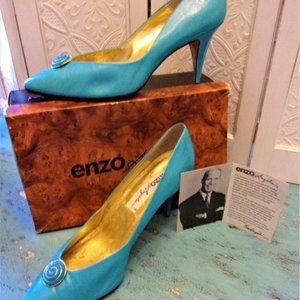 Vintage ENZO ANGIOLINI SHOES Size 10 Bright Aqua "Ballet" Leather Pumps w/Box